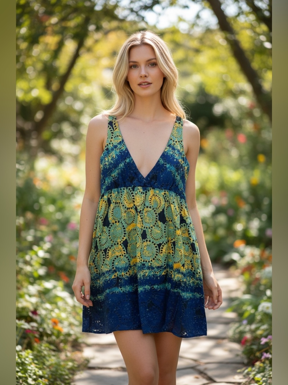 Old Navy Blue, Green and Yellow Patterned Cotton Midi V-Neck Summer Dress